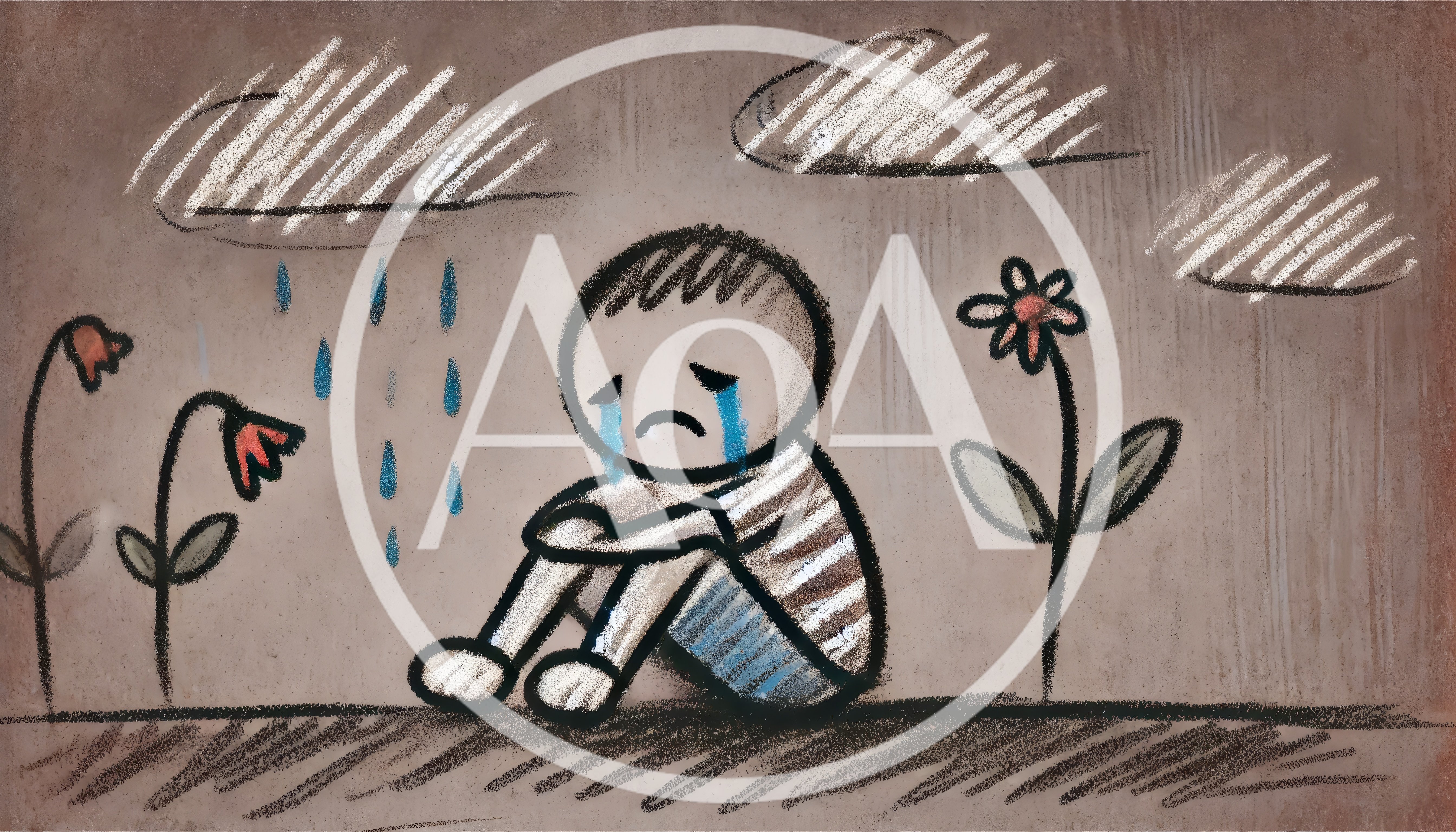 Sad Child Sitting Alone In The Rain Drawing