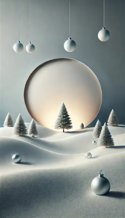 Minimalist Christmas Landscape With Silver Ornaments And Pine Trees