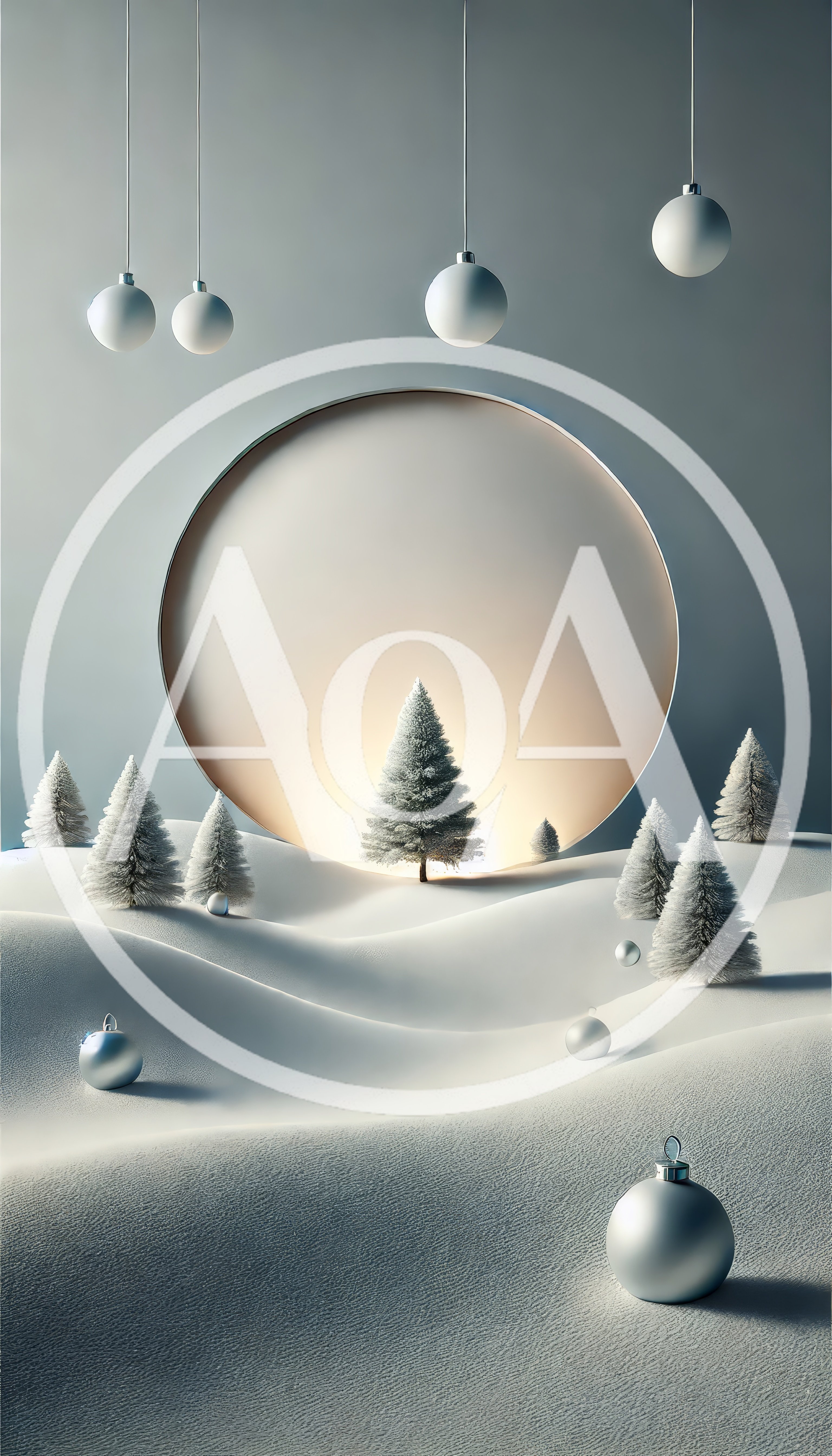 Minimalist Christmas Landscape With Silver Ornaments And Pine Trees