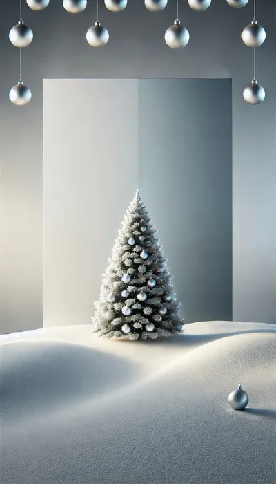 Minimalist Christmas Tree With Silver Ornaments In Snowy Landscape
