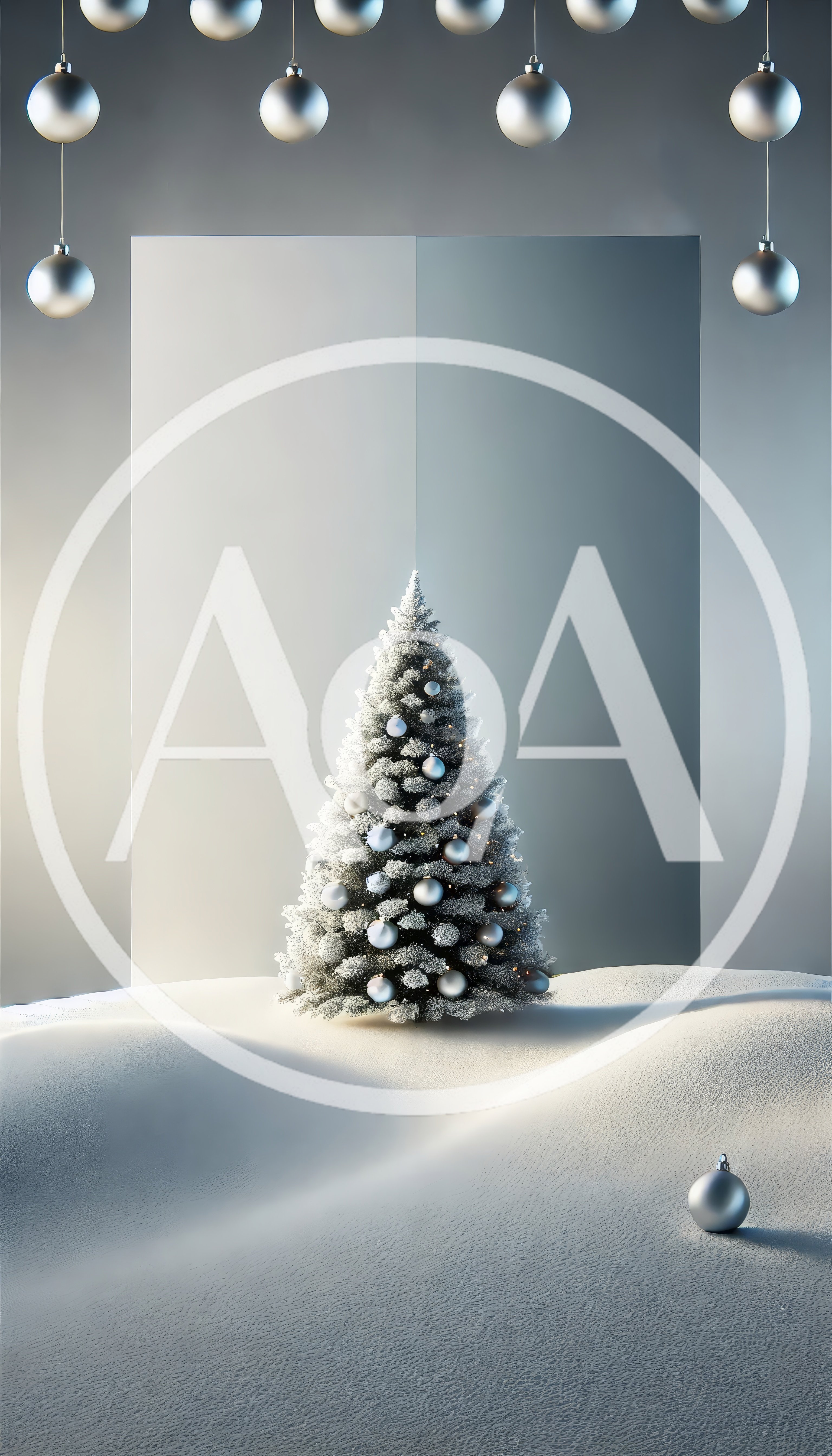 Minimalist Christmas Tree With Silver Ornaments In Snowy Landscape