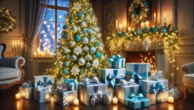 Festive Christmas Tree With Wrapped Gifts In Elegant Living Room