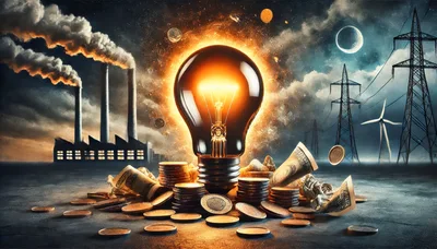Glowing Light Bulb Surrounded By Money And Industrial Infrastructure