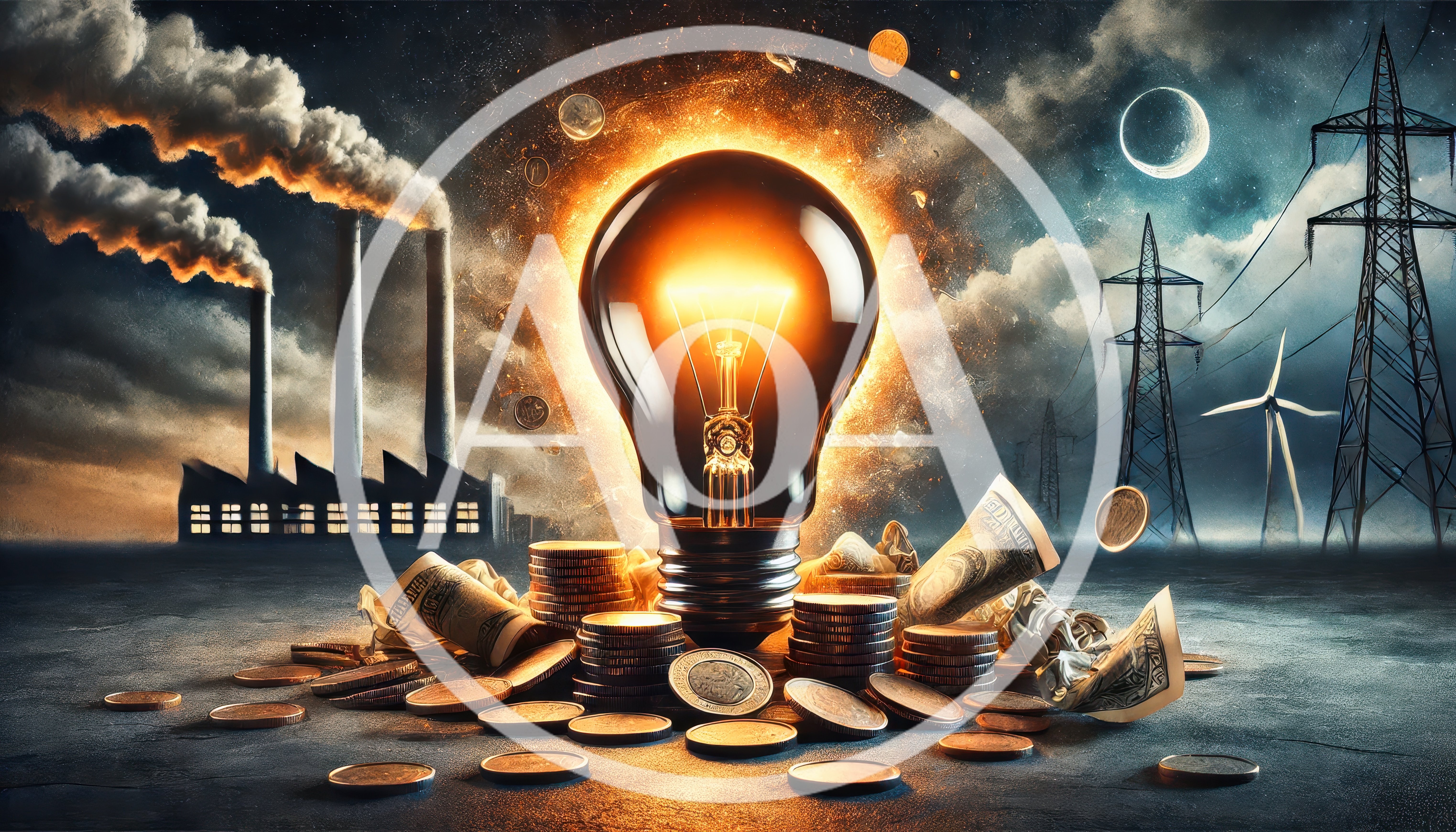 Glowing Light Bulb Surrounded By Money And Industrial Infrastructure