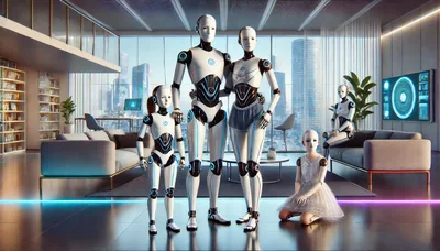 Futuristic Robot Family Standing In Modern High Rise Apartment