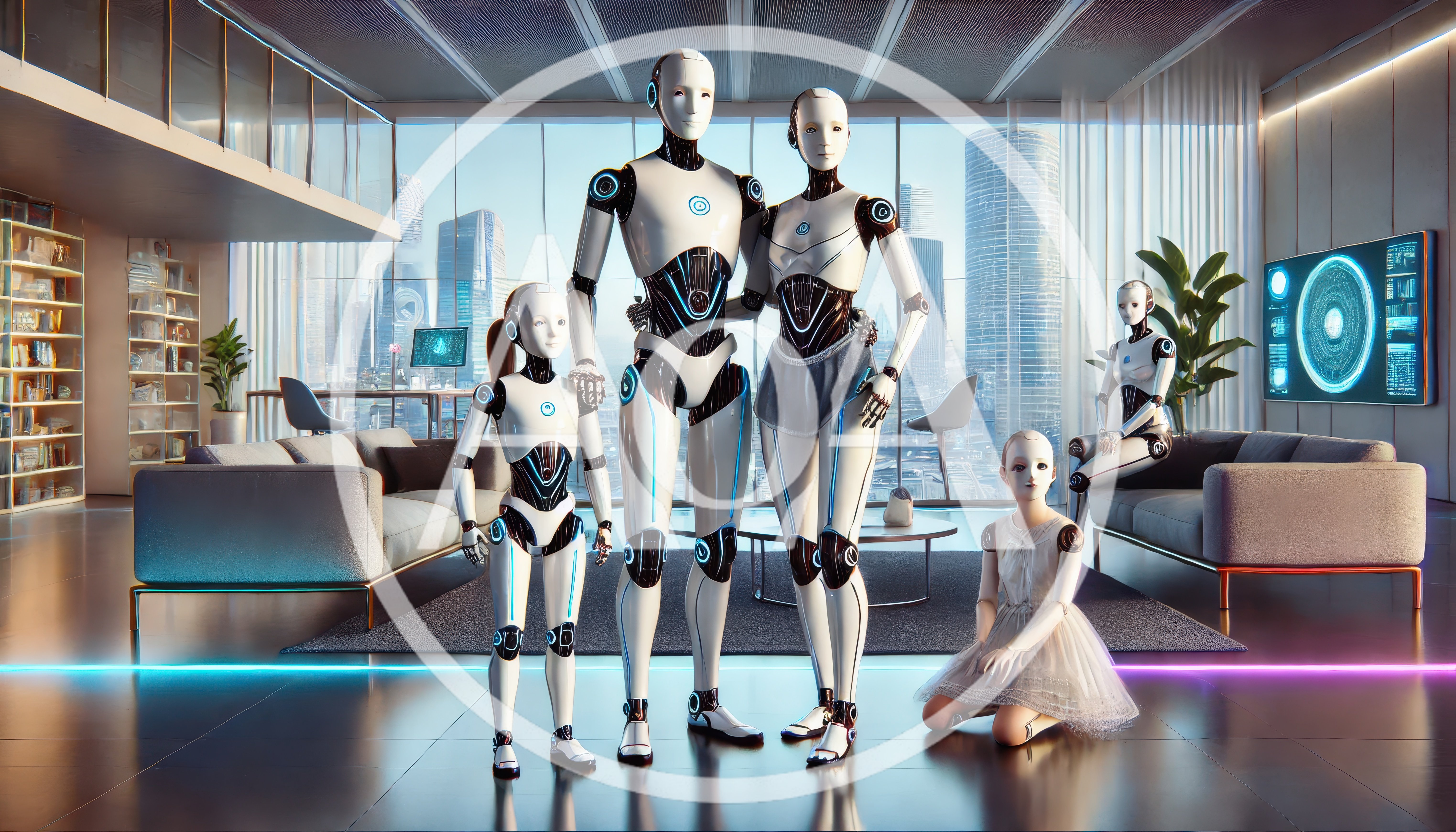 Futuristic Robot Family Standing In Modern High Rise Apartment