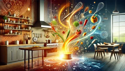 Magical Cooking Scene With Floating Ingredients In Kitchen