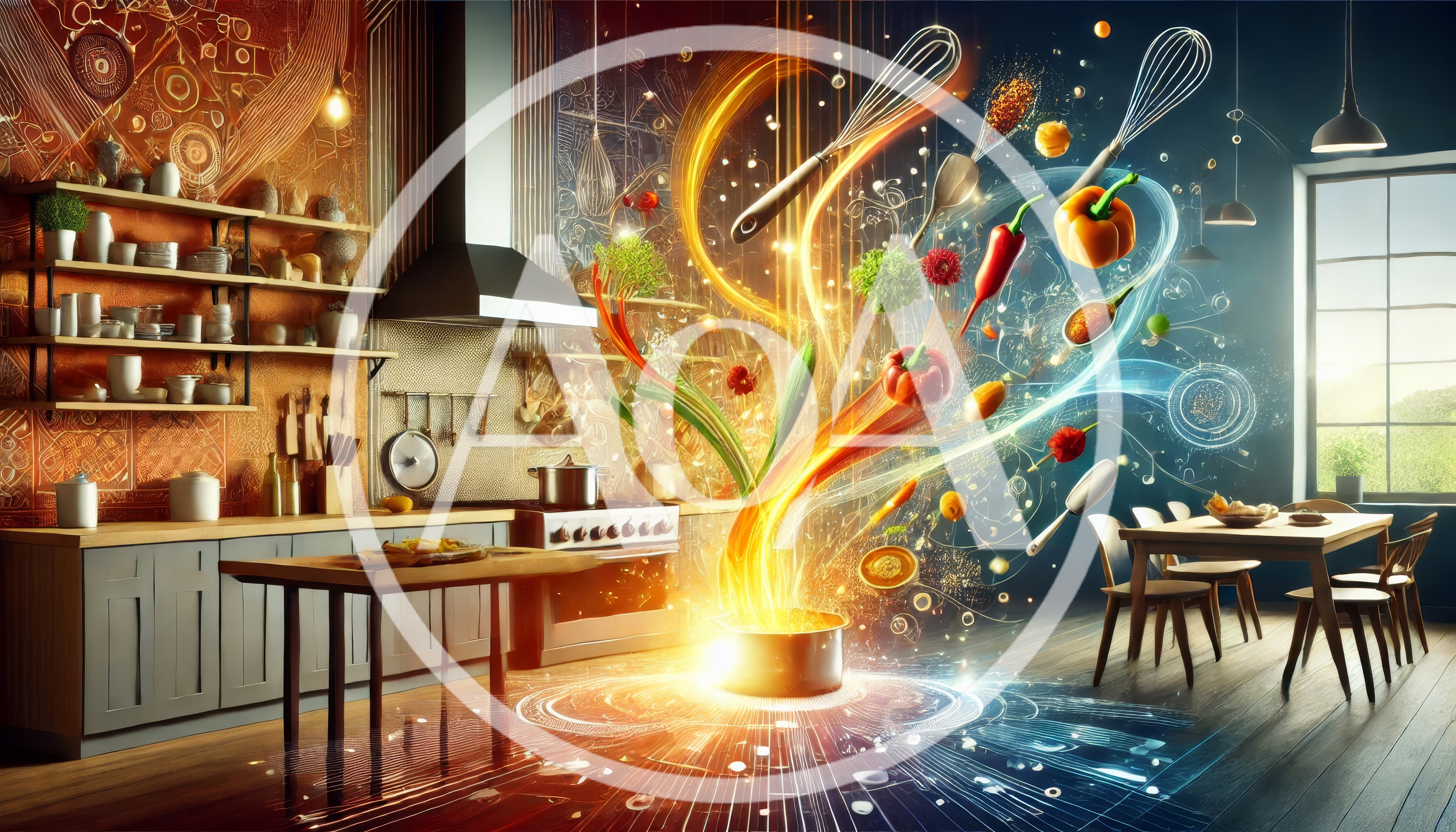 Magical Cooking Scene With Floating Ingredients In Kitchen