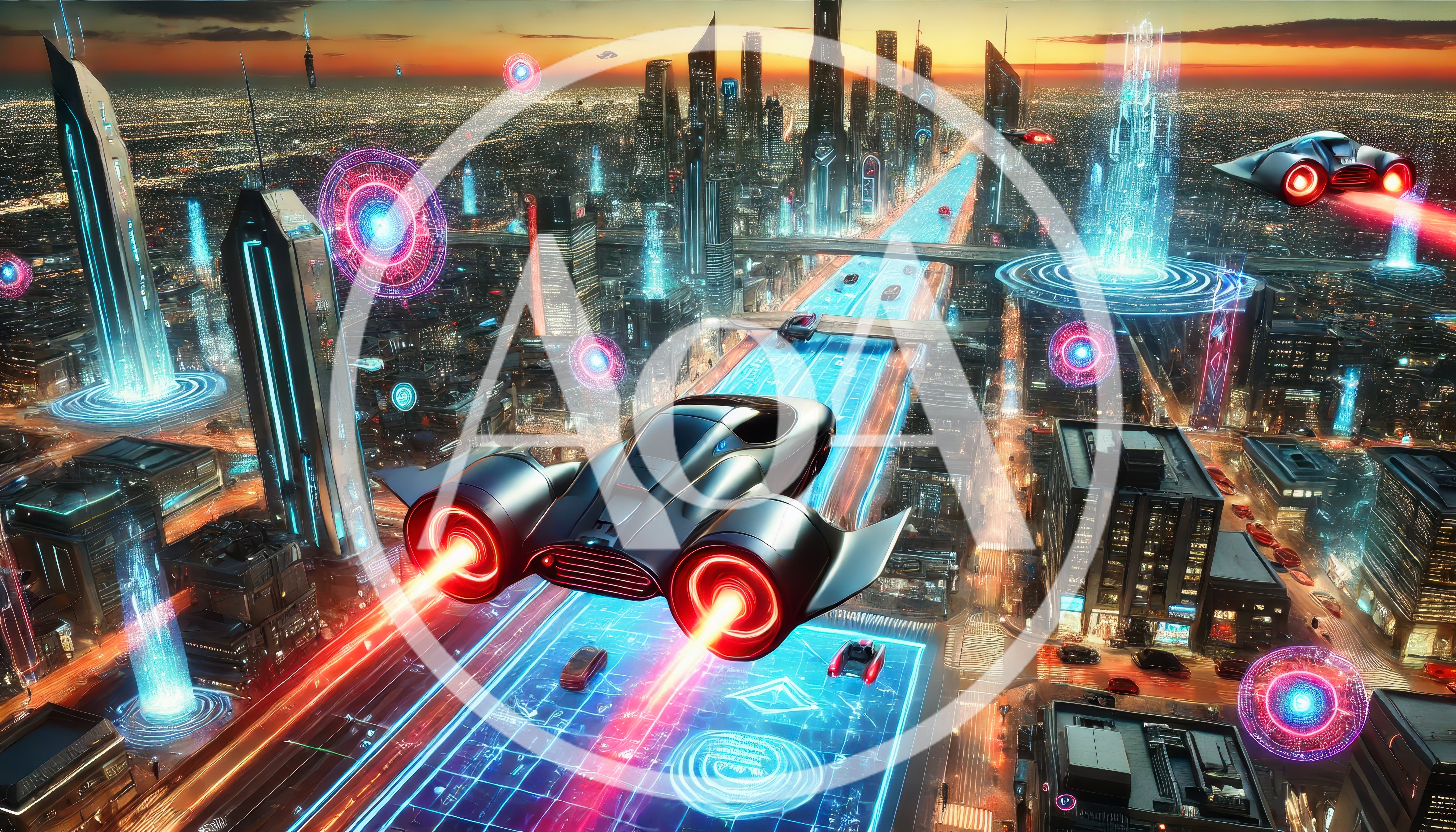 Futuristic Flying Cars Navigating A Neon Cyberpunk Cityscape