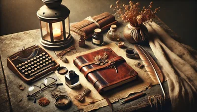 Vintage Writing Desk With Leather Journal And Typewriter