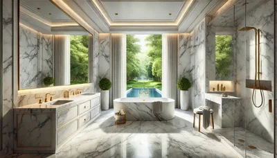 Luxury Marble Bathroom With Bathtub And Pool View