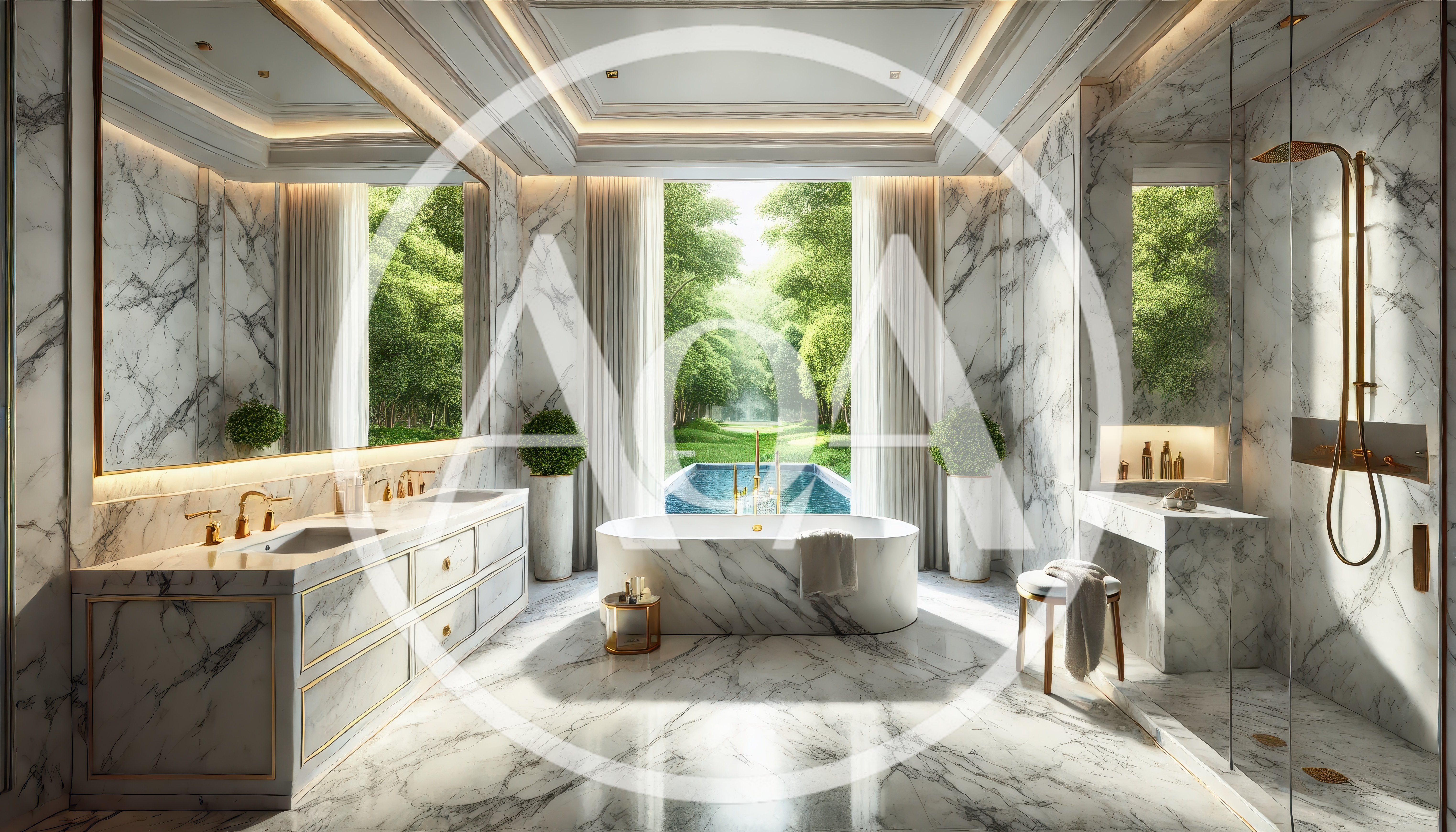 Luxury Marble Bathroom With Bathtub And Pool View