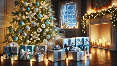 Christmas Tree With Wrapped Gifts In Cozy Living Room