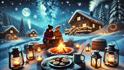 Couple Sitting by a Winter Campfire at Night