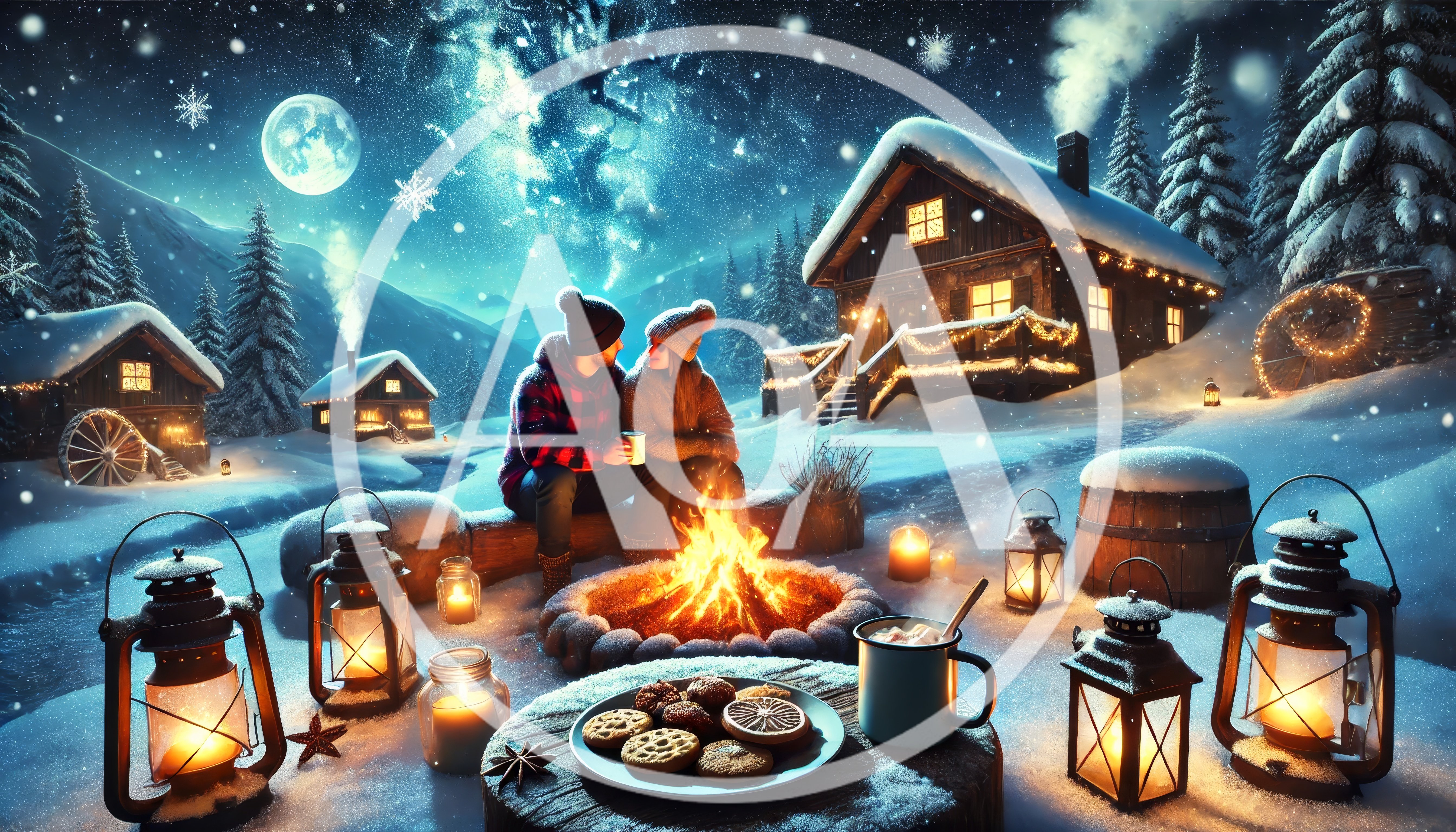 Couple Sitting by a Winter Campfire at Night