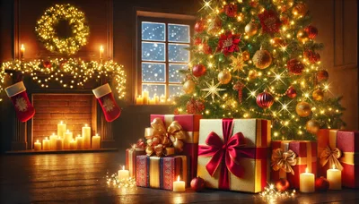 Christmas Tree With Presents And Fireplace In Cozy Living Room