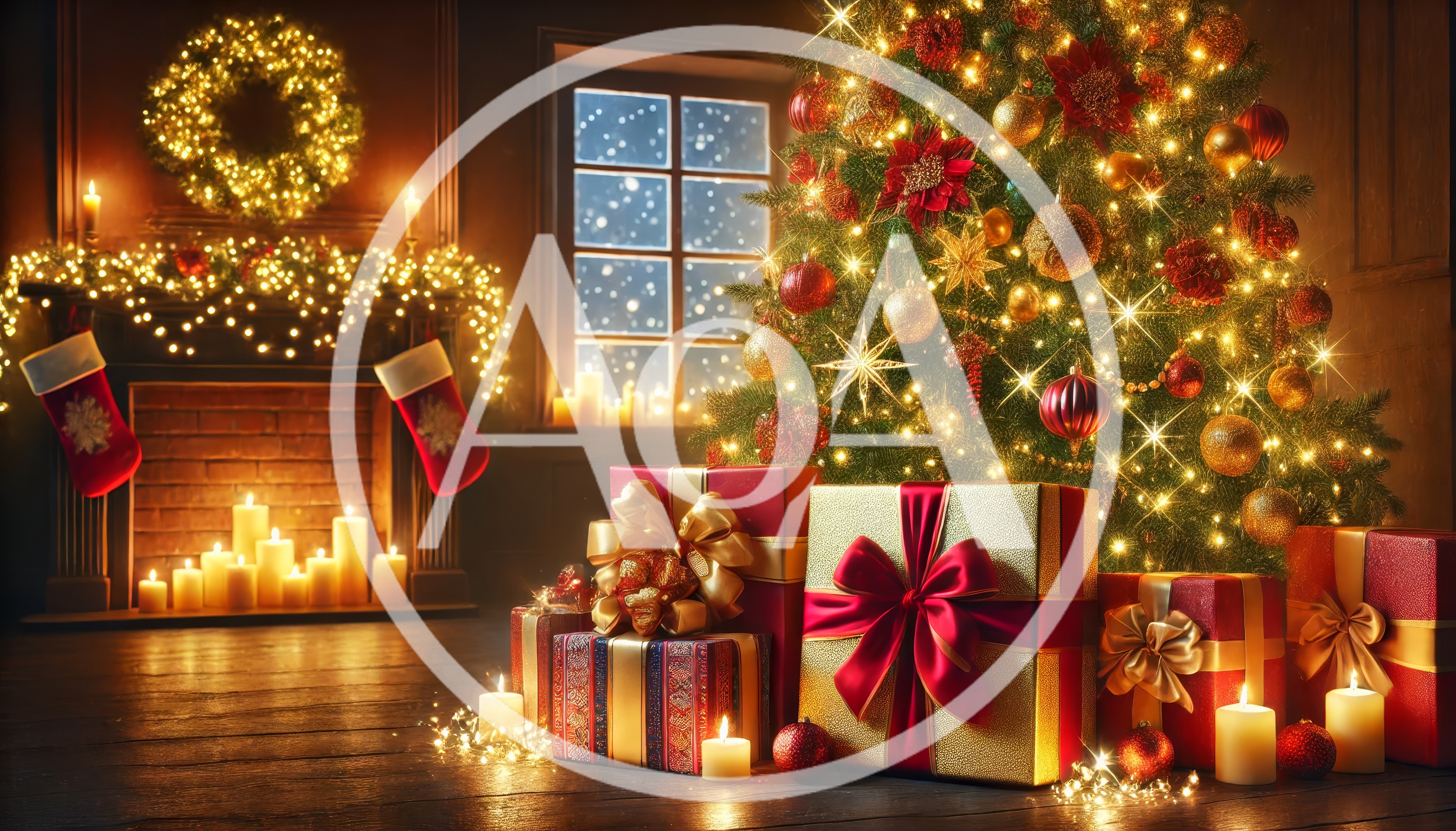Christmas Tree With Presents And Fireplace In Cozy Living Room