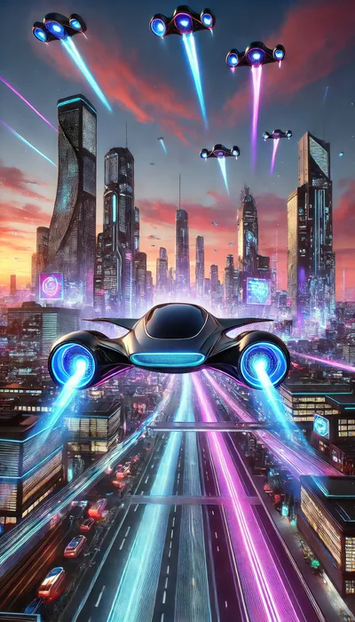 Futuristic Flying Car Over Neon Cyberpunk Cityscape