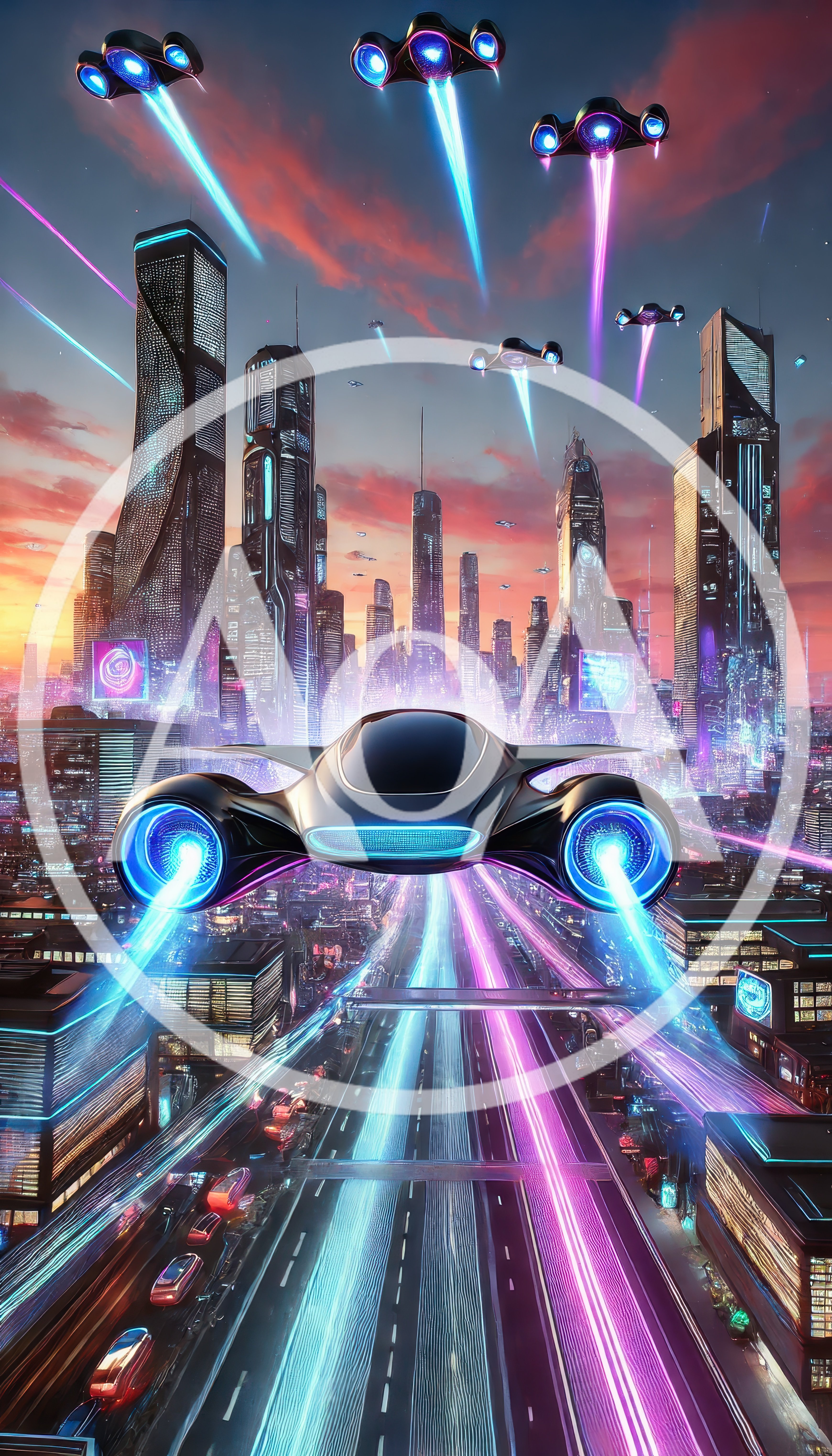 Futuristic Flying Car Over Neon Cyberpunk Cityscape