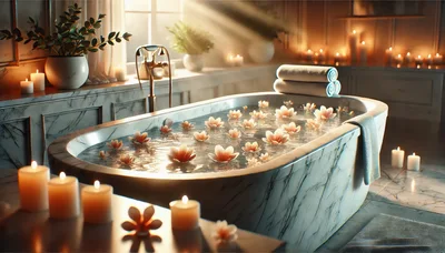 Luxury Marble Bathtub Filled With Flowers And Candles
