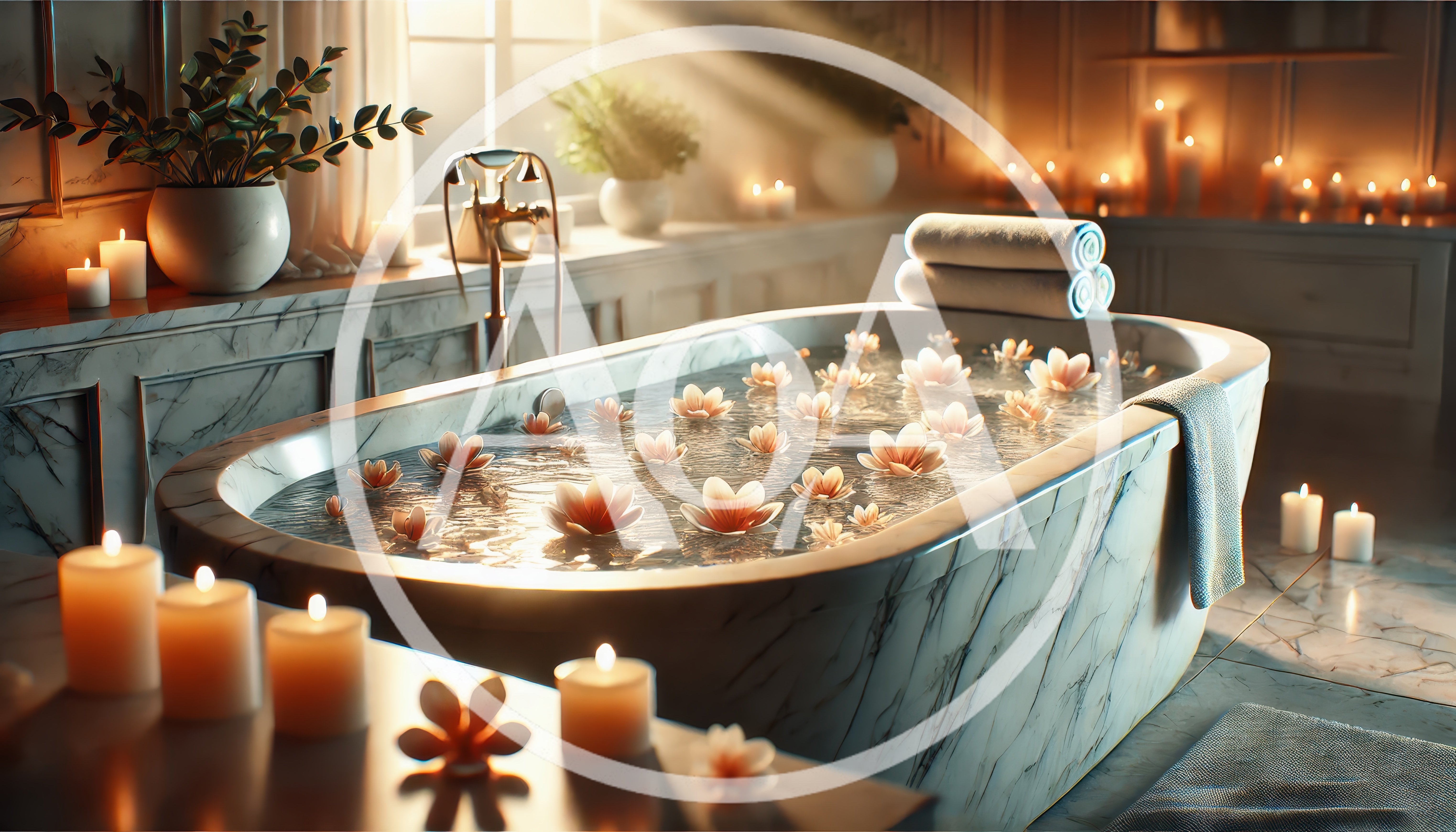 Luxury Marble Bathtub Filled With Flowers And Candles