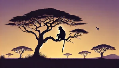 Silhouette Of A Monkey Sitting In An Acacia Tree