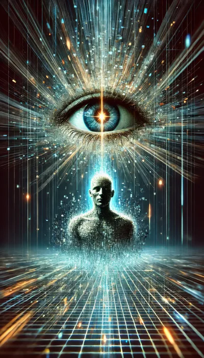 Digital Human Figure Beneath A Giant Glowing Eye