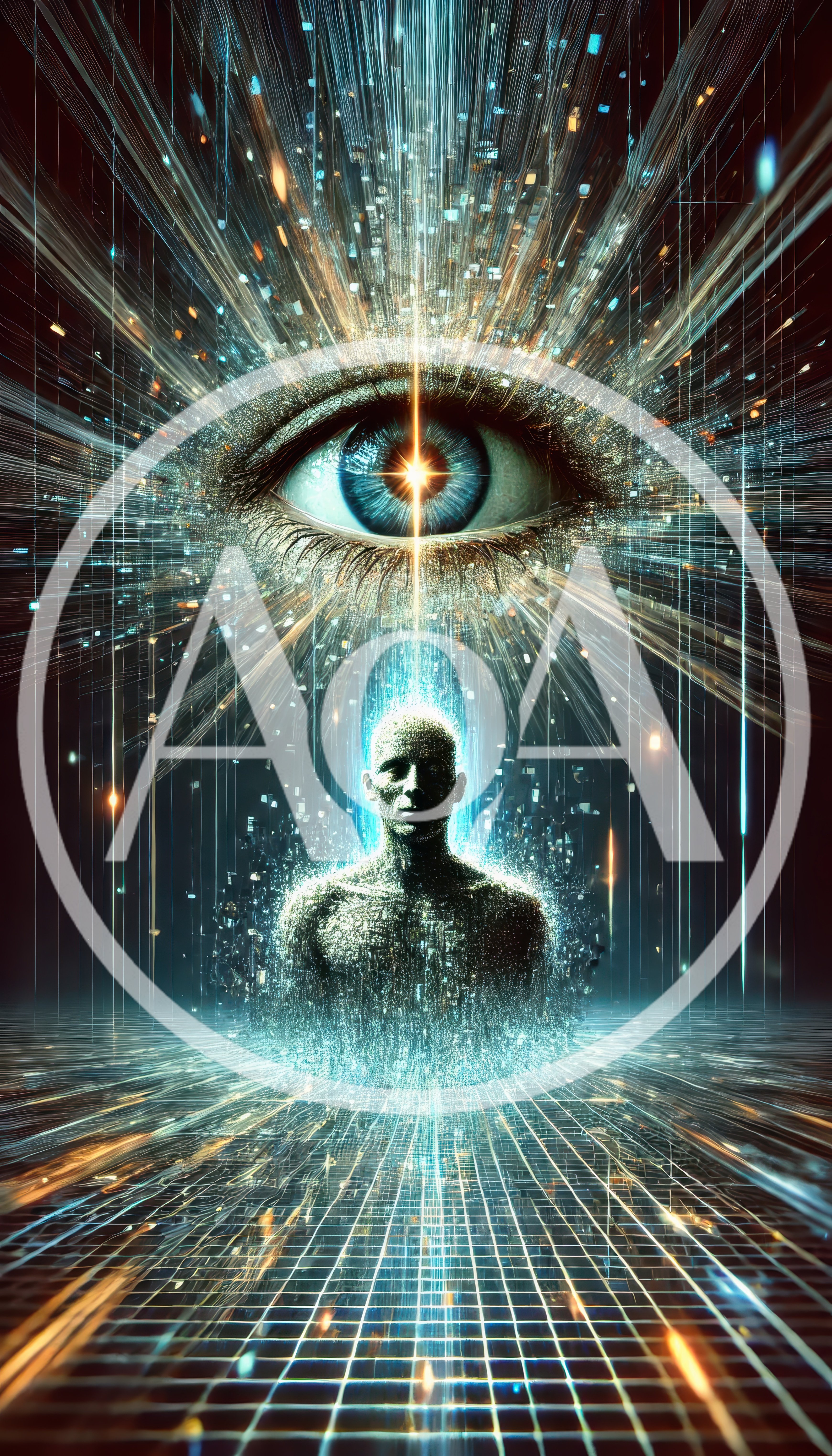 Digital Human Figure Beneath A Giant Glowing Eye