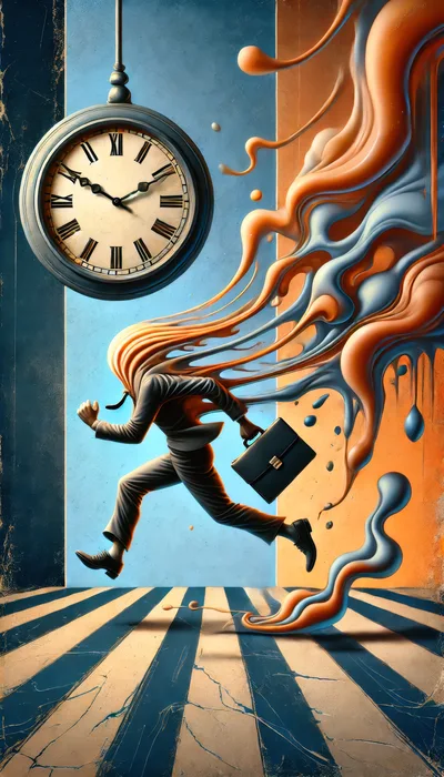 Surreal Businessman Running With Melting Head And Clock