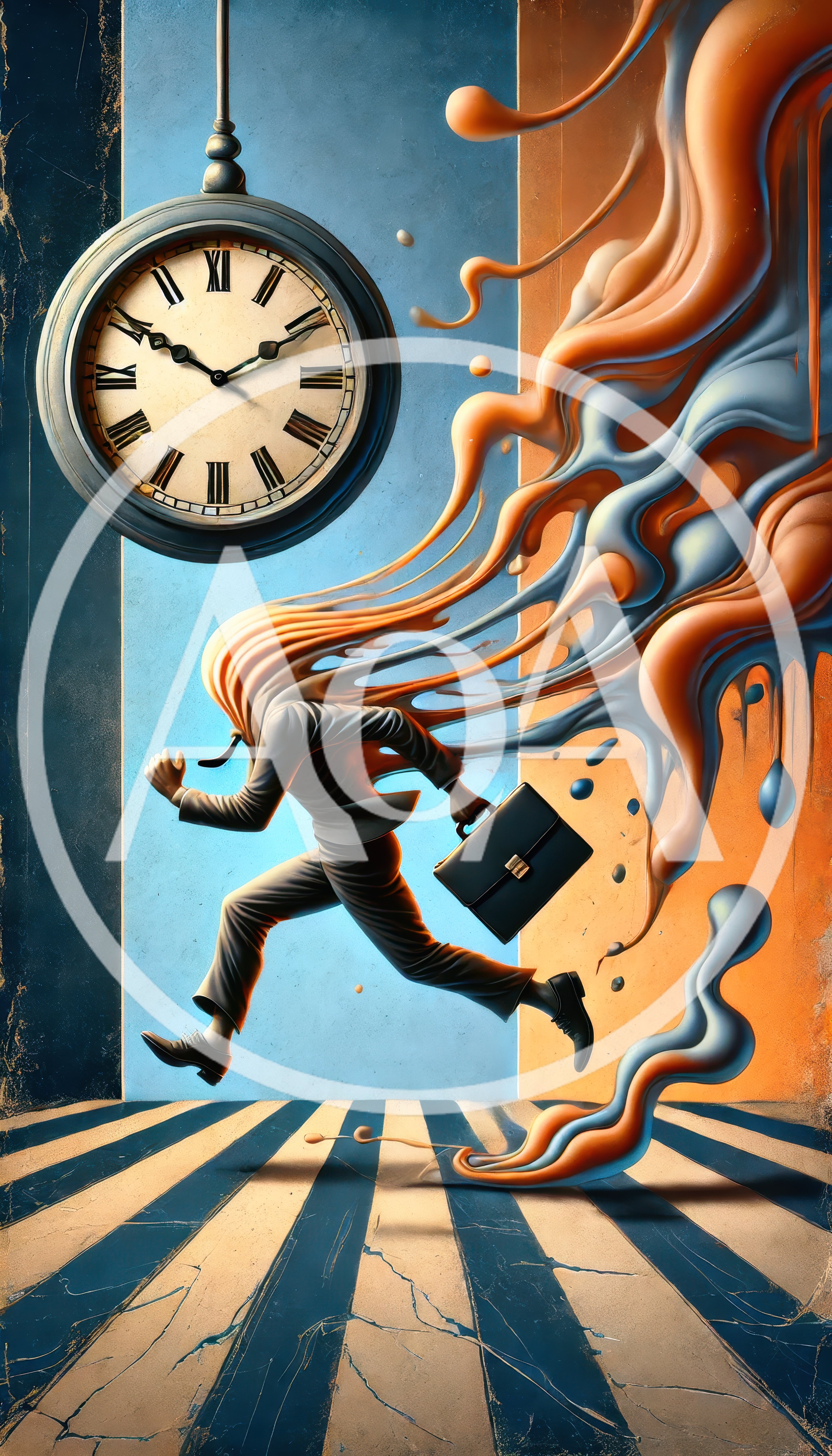 Surreal Businessman Running With Melting Head And Clock