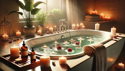 Luxurious Spa Bathtub With Candles And Rose Petals