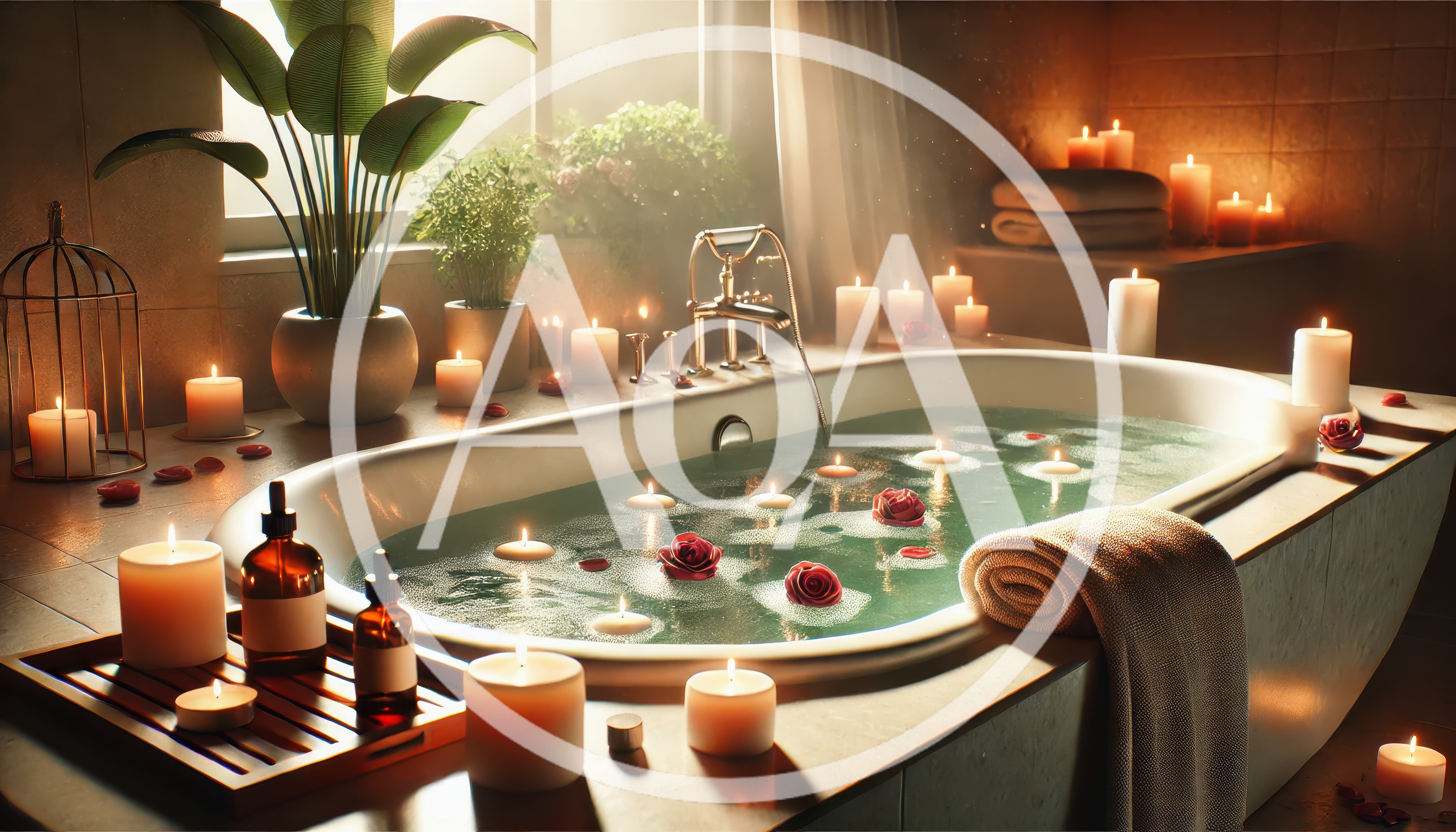 Luxurious Spa Bathtub With Candles And Rose Petals