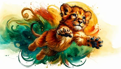 Playful Lion Cub Jumping In Watercolor Style