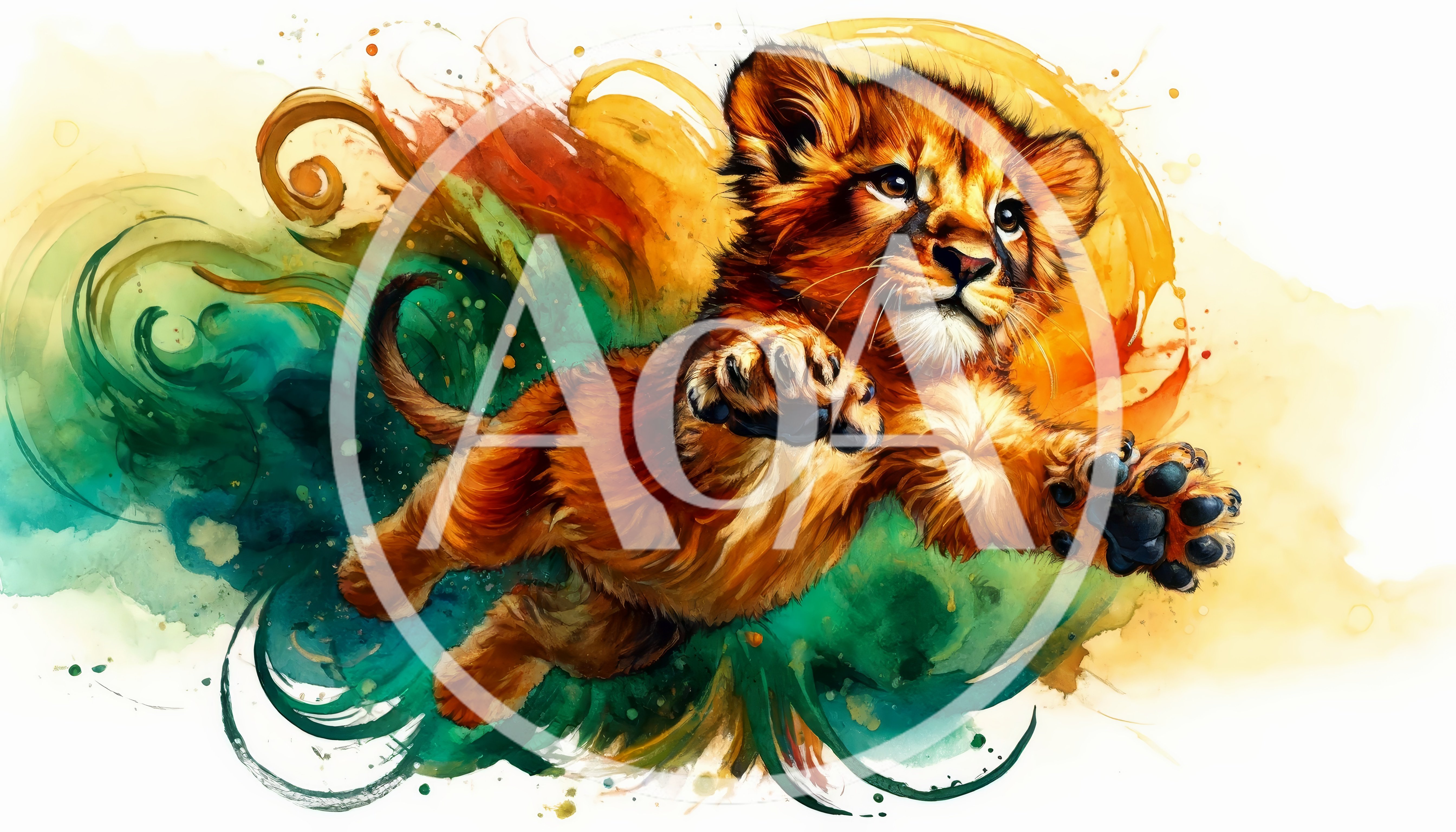 Playful Lion Cub Jumping In Watercolor Style