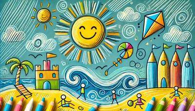 Colorful Chalk Drawing Of A Sunny Beach Scene