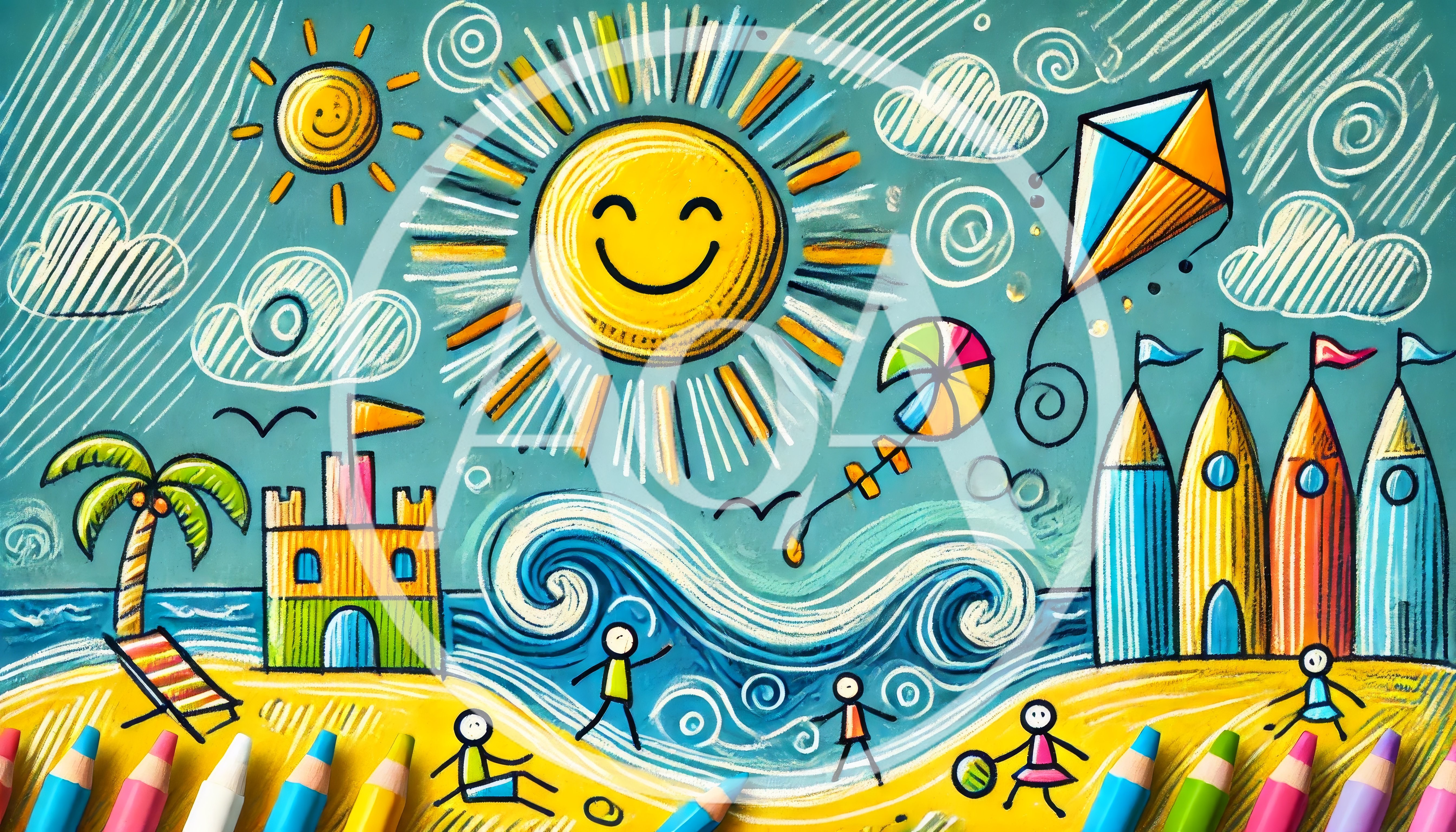 Colorful Chalk Drawing Of A Sunny Beach Scene