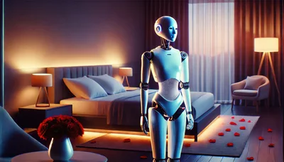 Futuristic Humanoid Robot Standing In A Romantic Bedroom