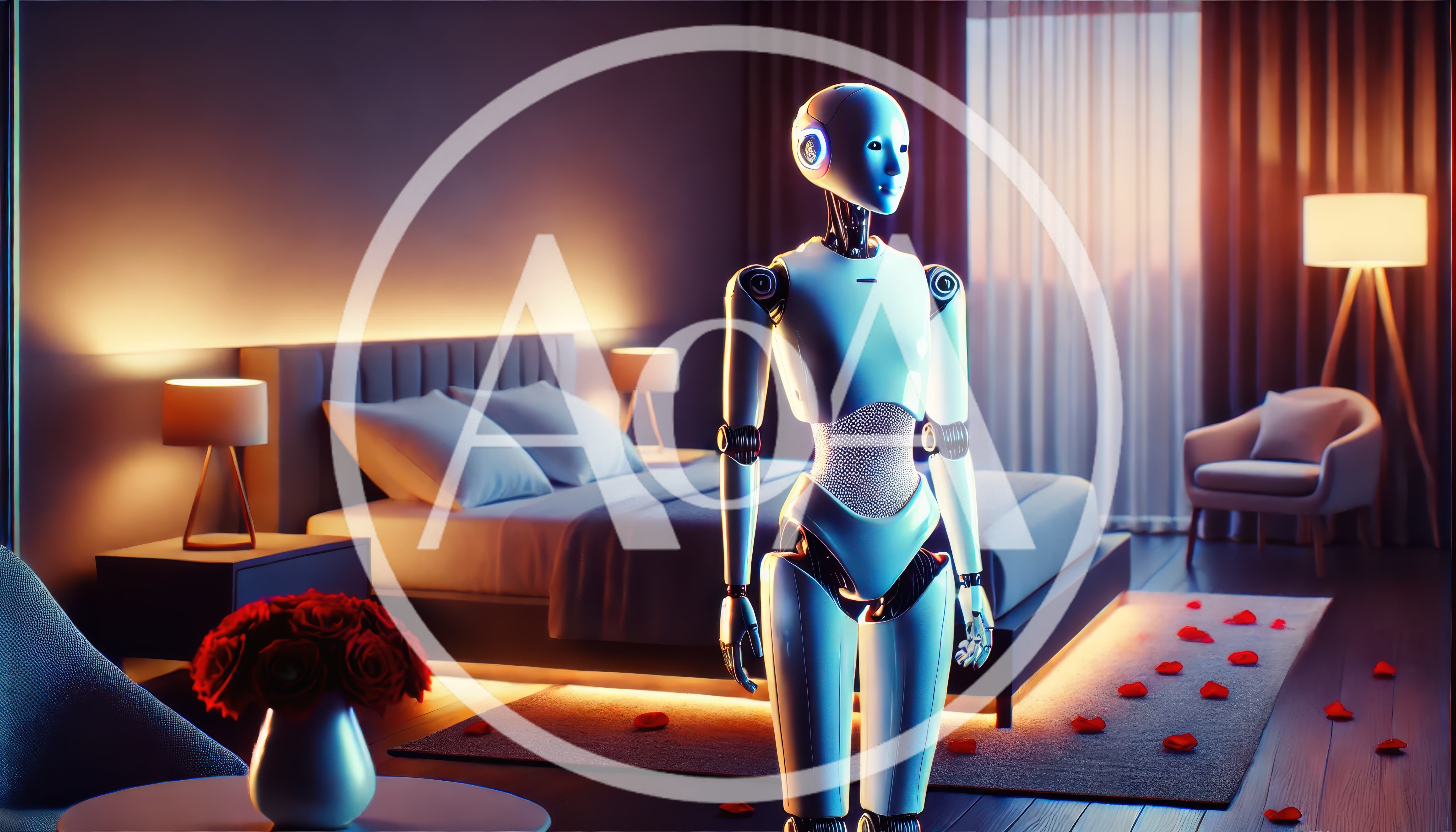 Futuristic Humanoid Robot Standing In A Romantic Bedroom