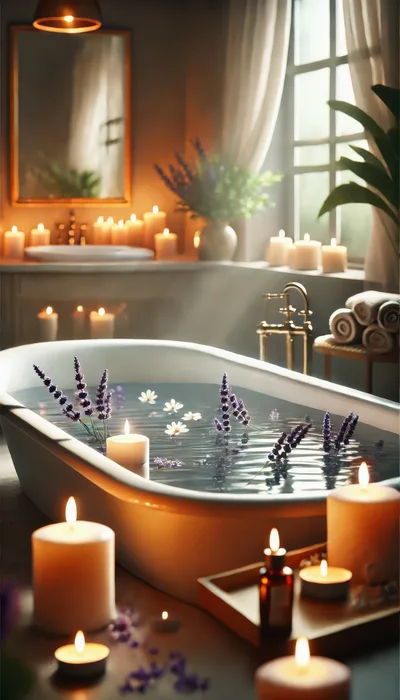 Relaxing Spa Bath With Lavender And Candles