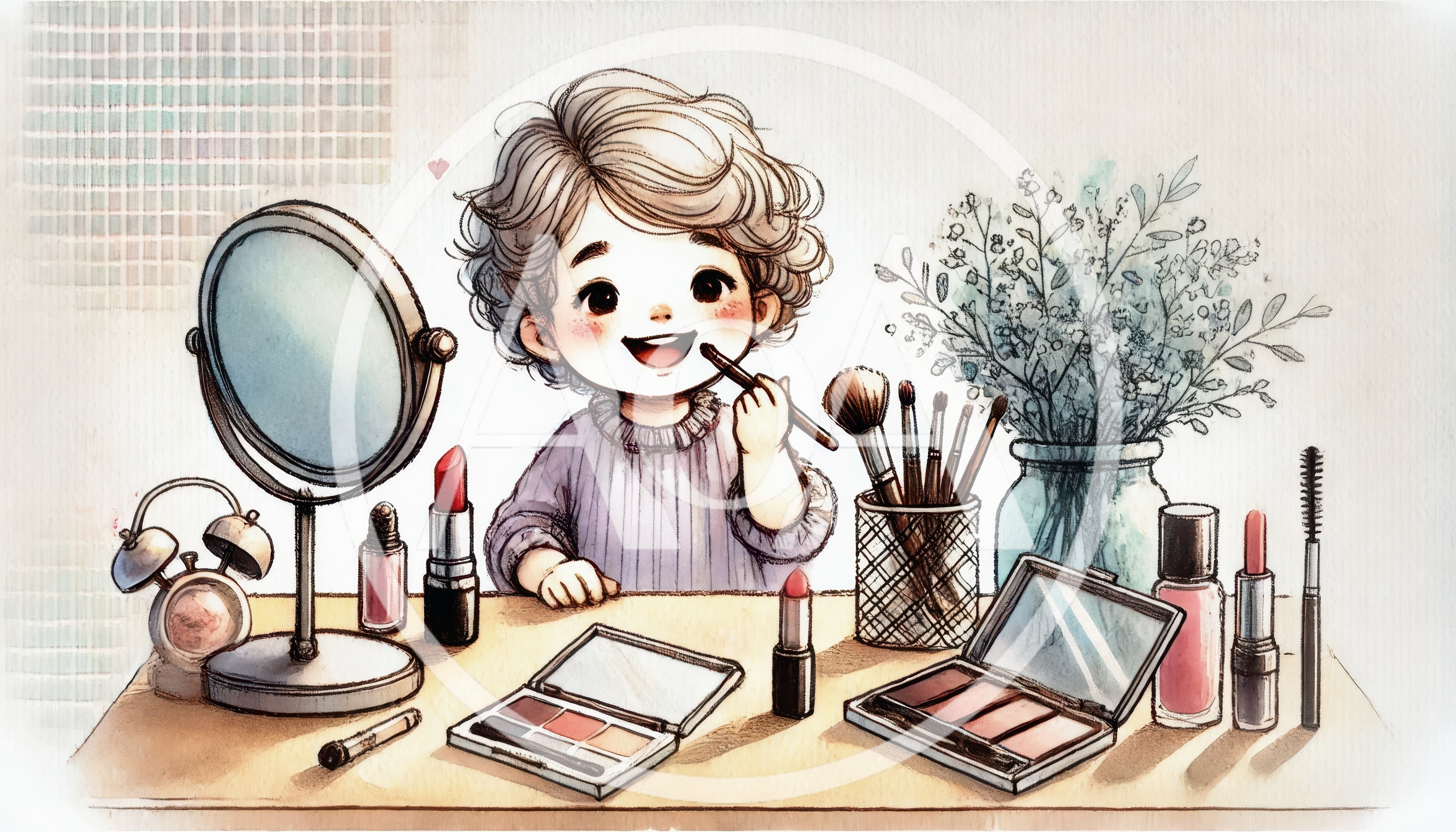 Cute Child Playing With Makeup At A Vanity Table