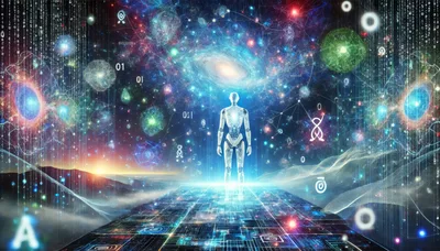 Digital Humanoid Standing on Futuristic Circuit Board Platform
