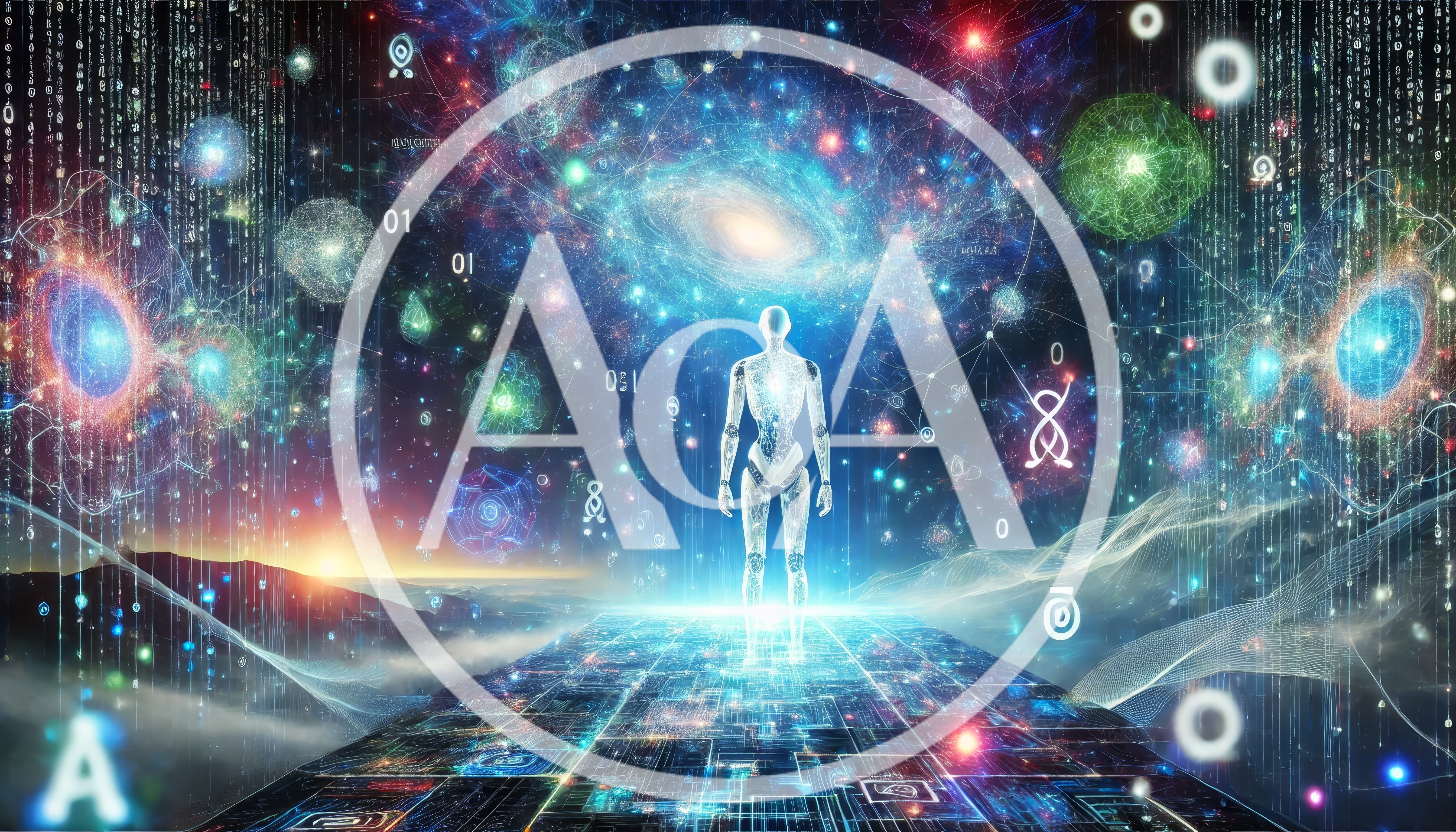 Digital Humanoid Standing on Futuristic Circuit Board Platform