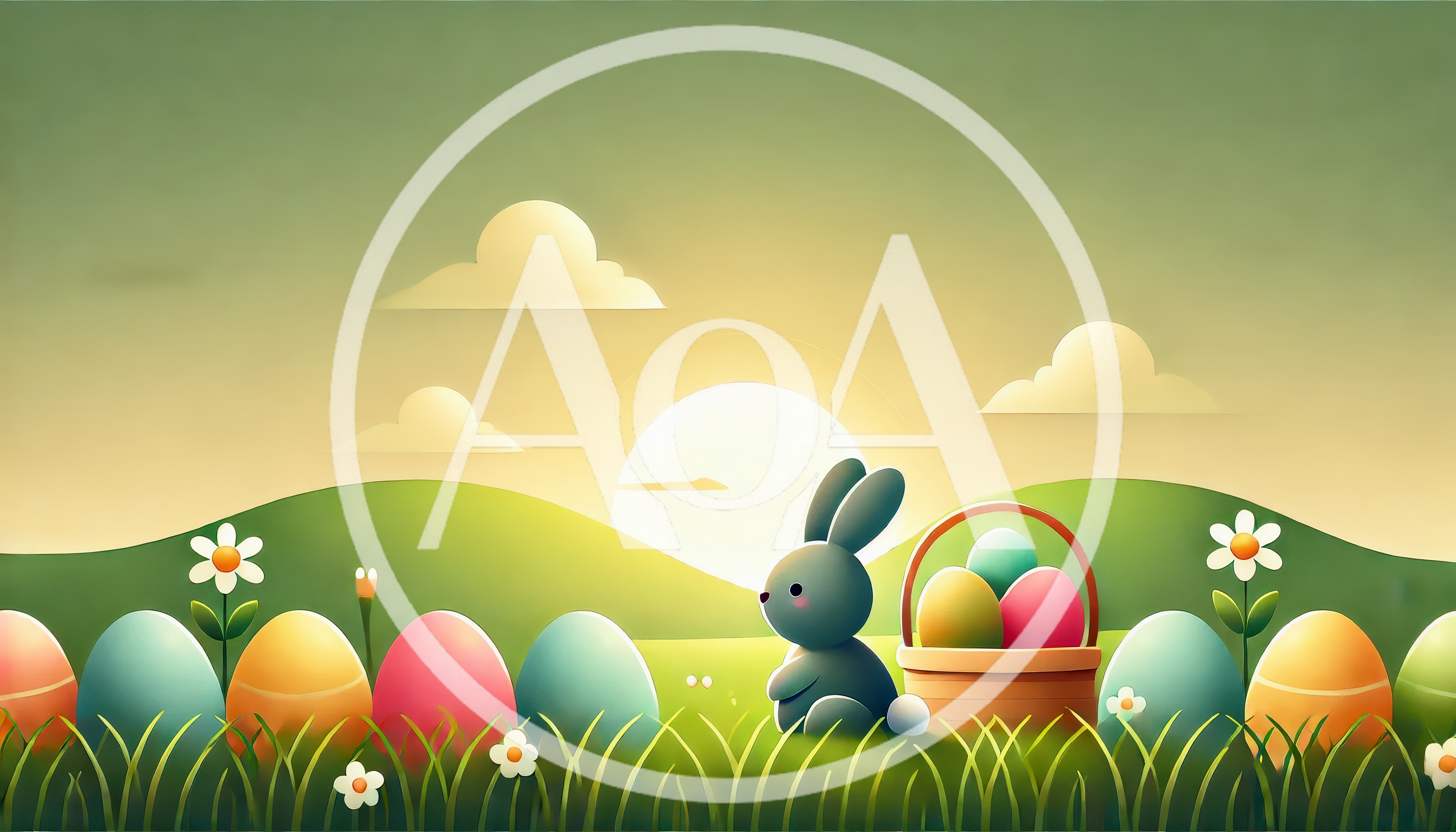 Cute Easter Bunny With Colorful Eggs In Spring Meadow