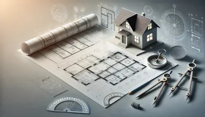 Architectural Blueprint Design With Model House And Tools