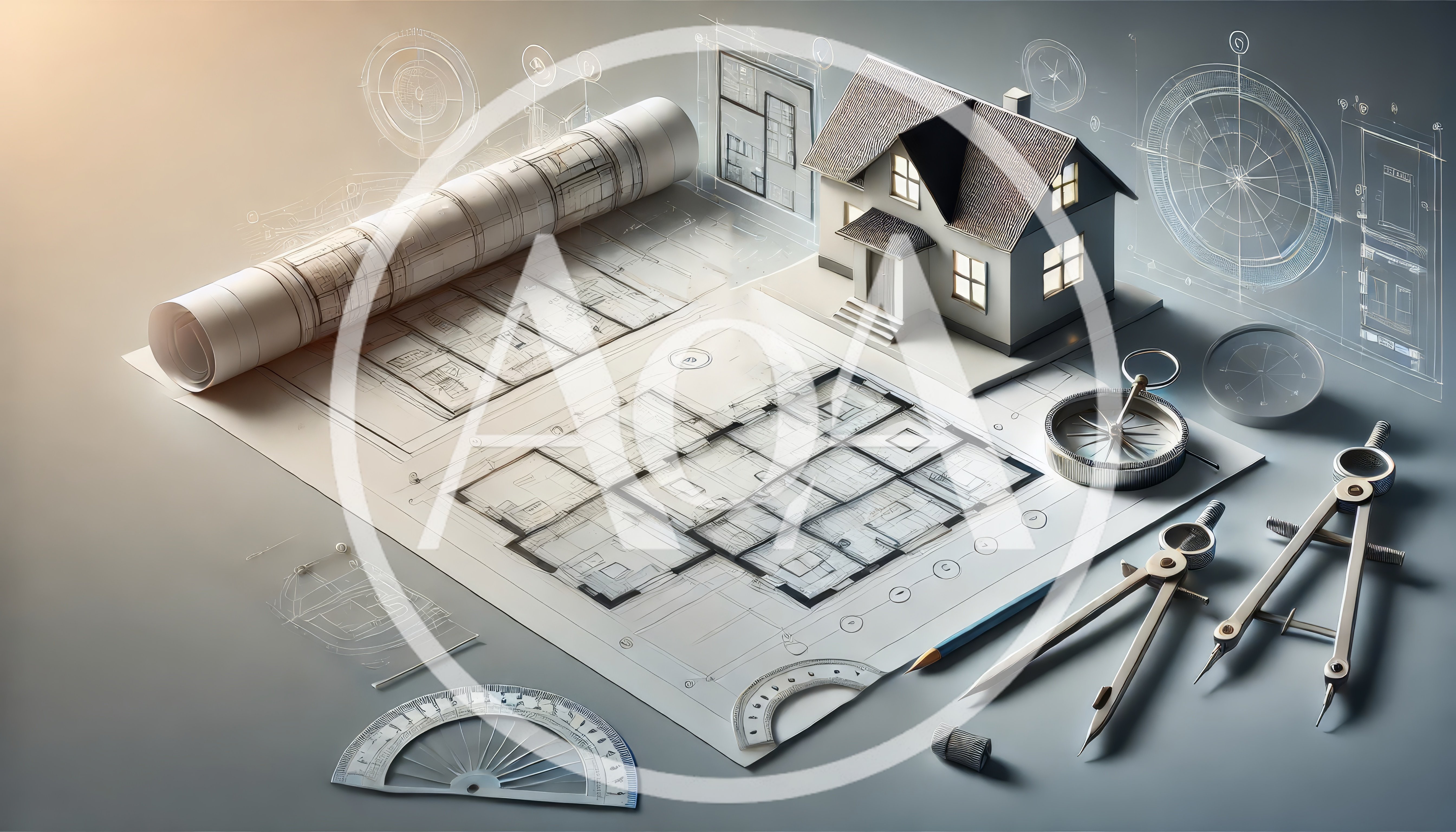 Architectural Blueprint Design With Model House And Tools