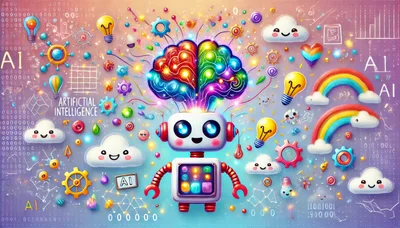 Cute Robot With Glowing Brain And Digital Icons