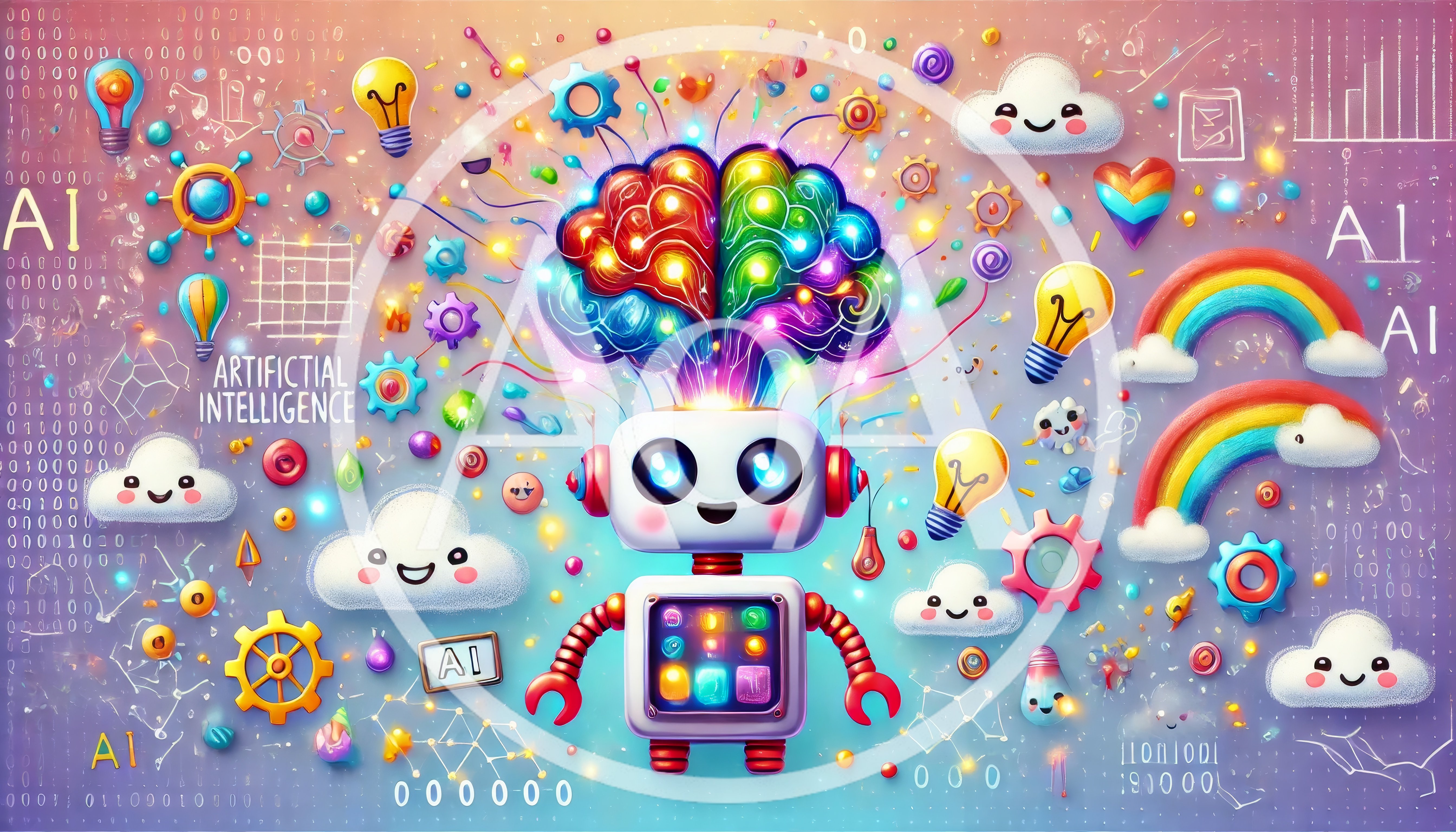 Cute Robot With Glowing Brain And Digital Icons