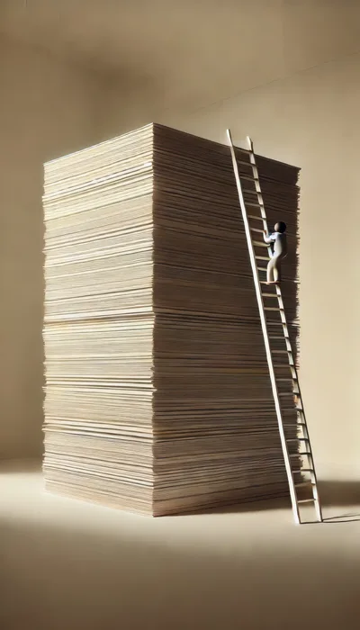 Small Figure Climbing A Tall Stack Of Paper