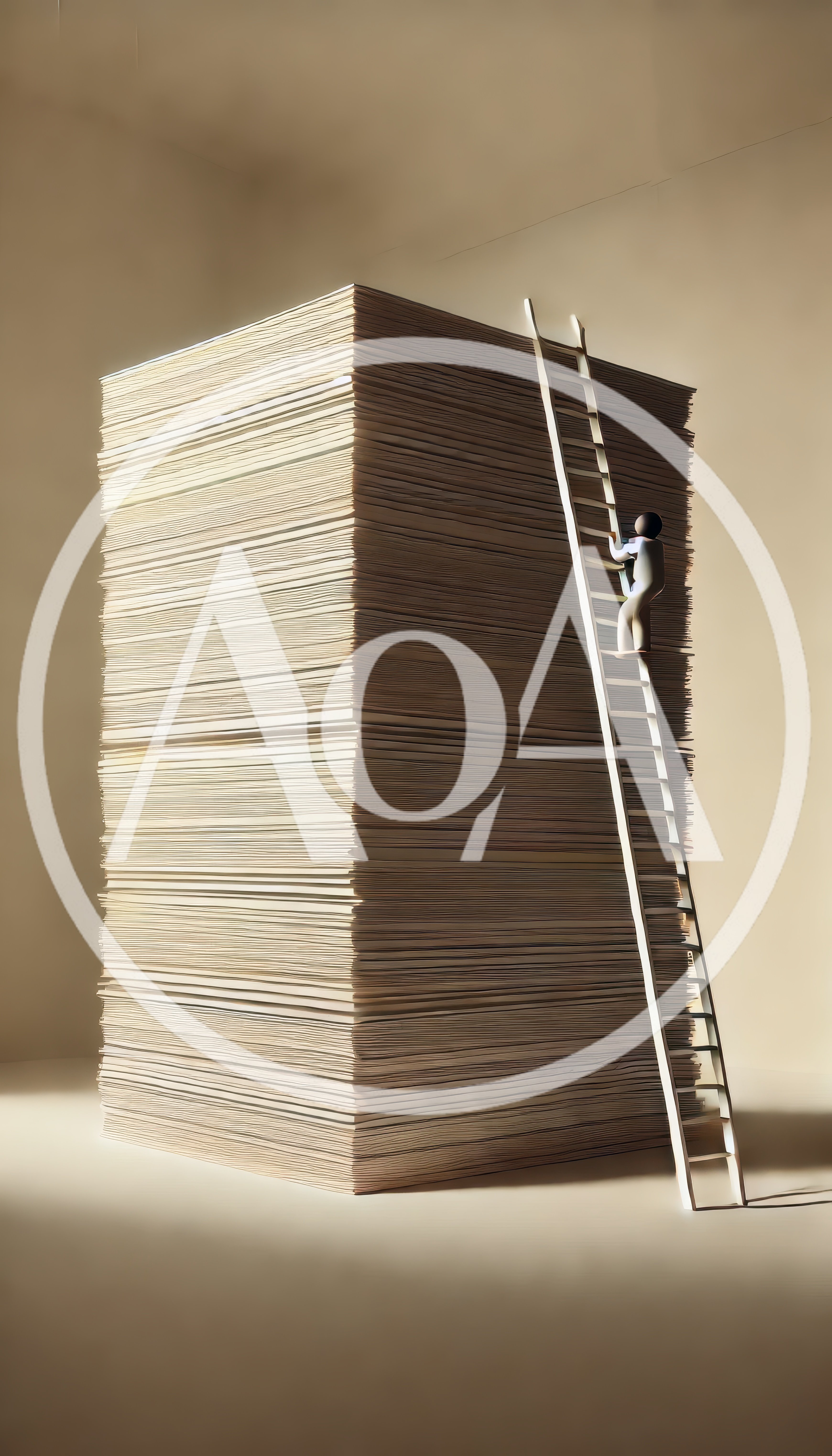 Small Figure Climbing A Tall Stack Of Paper