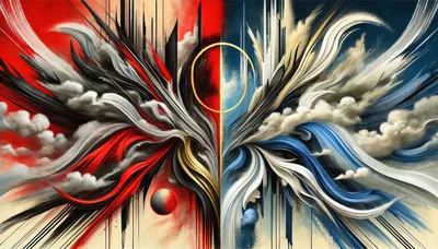 Abstract Duality Composition With Red And Blue Swirls